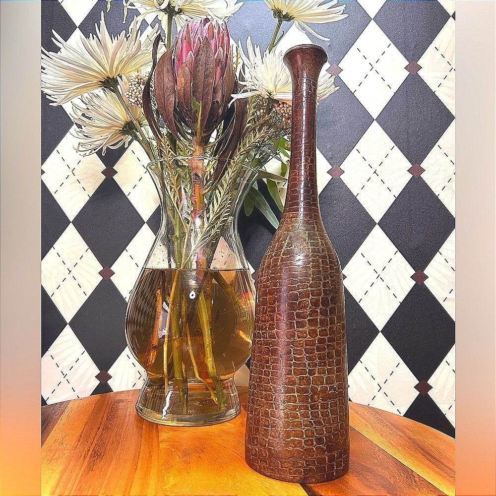 Sculptural Metal Bottle Bud Vase Croc Textured Brown Finish Rustic 14" Height